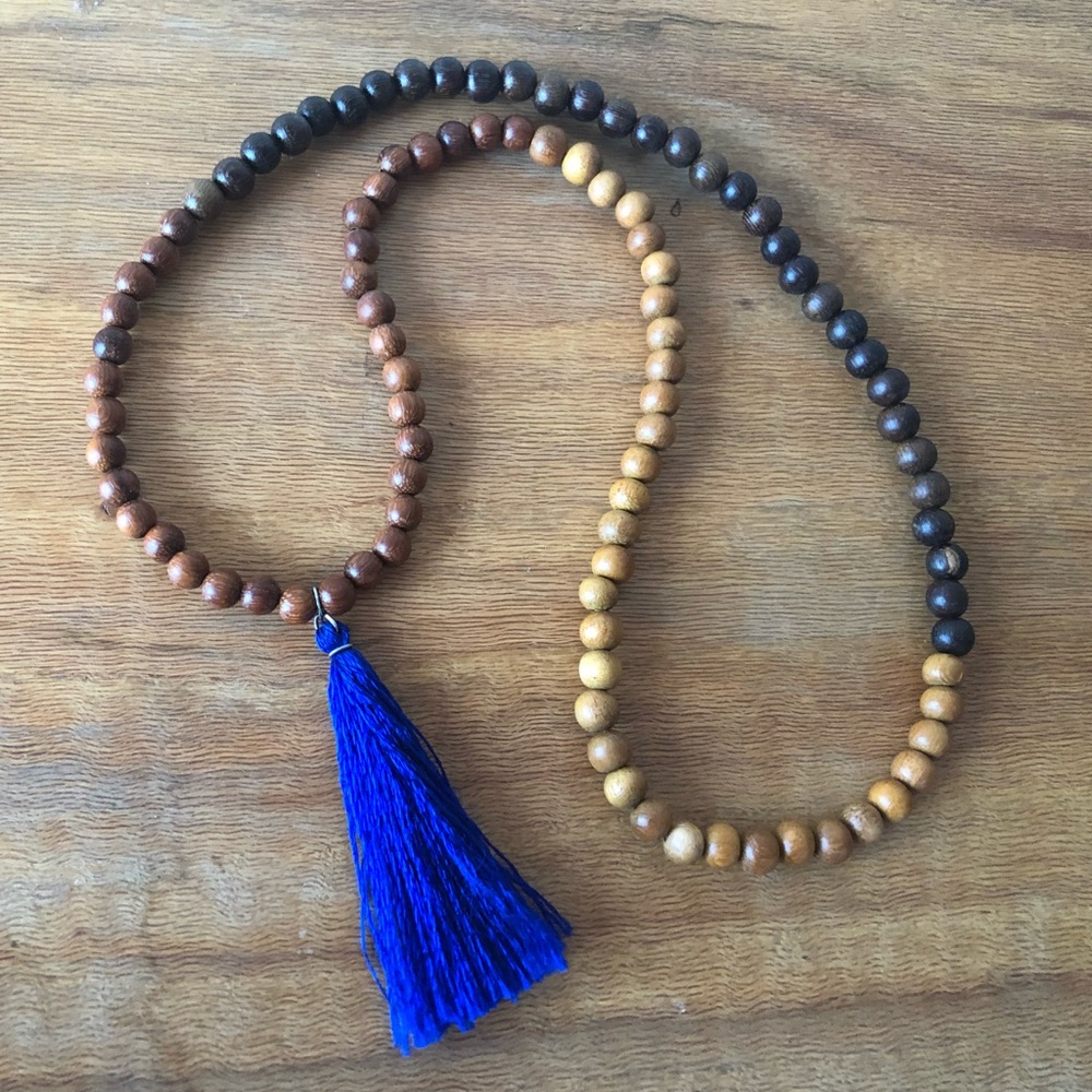 3/$10 Boho Wood Beaded Blue Tassel Necklace
